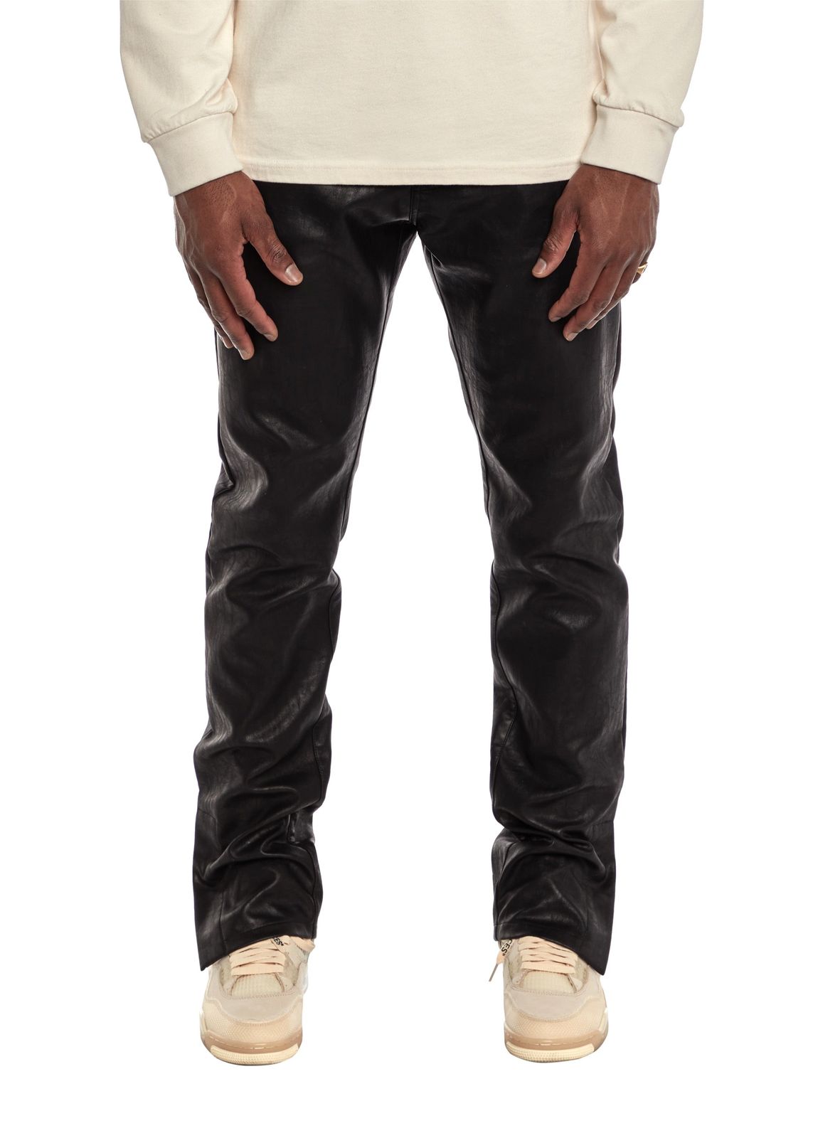 Black Snap Button Vegan Leather Trouser