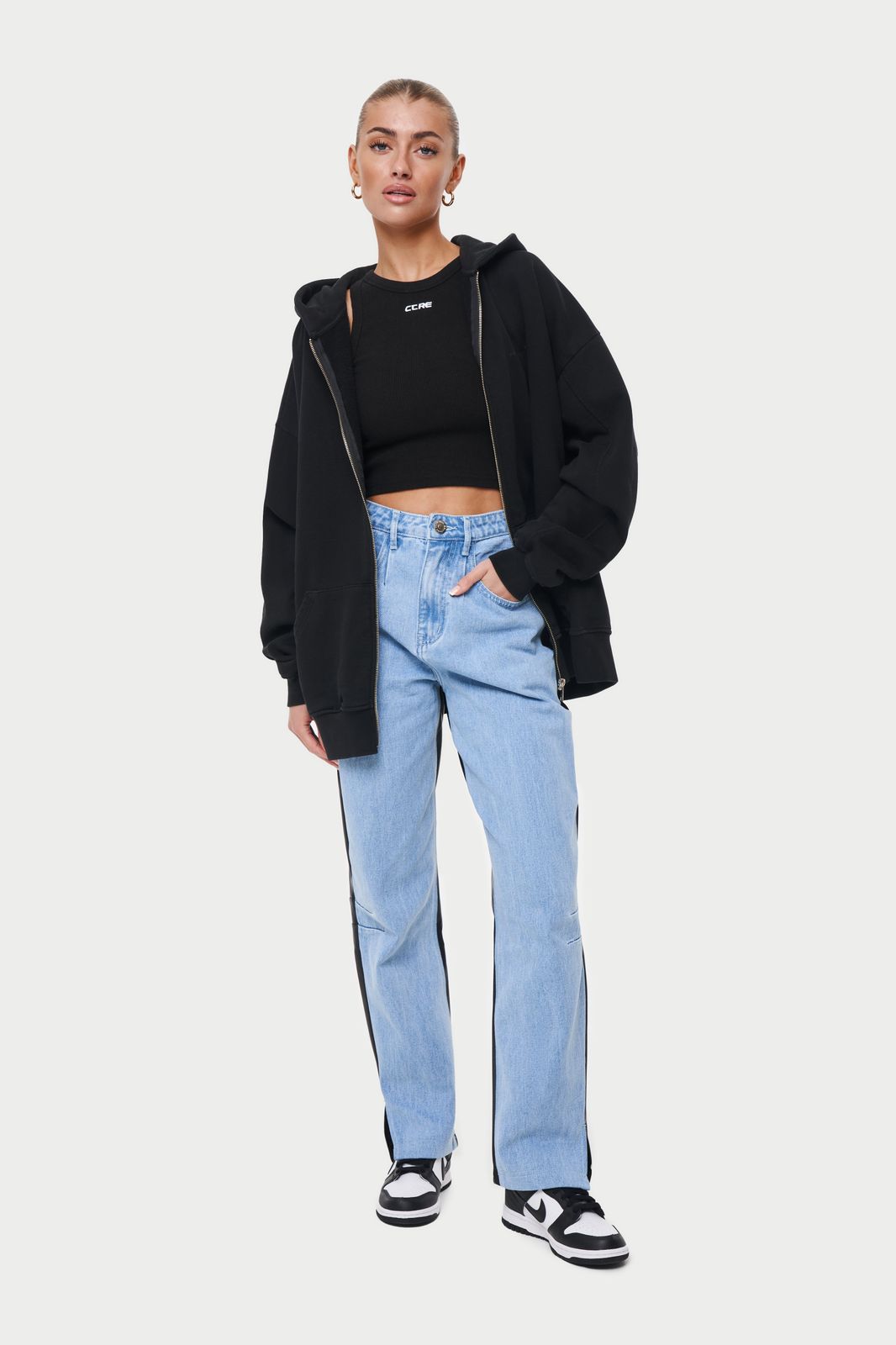 PU DENIM SPLICED MOM JEAN - BLUE