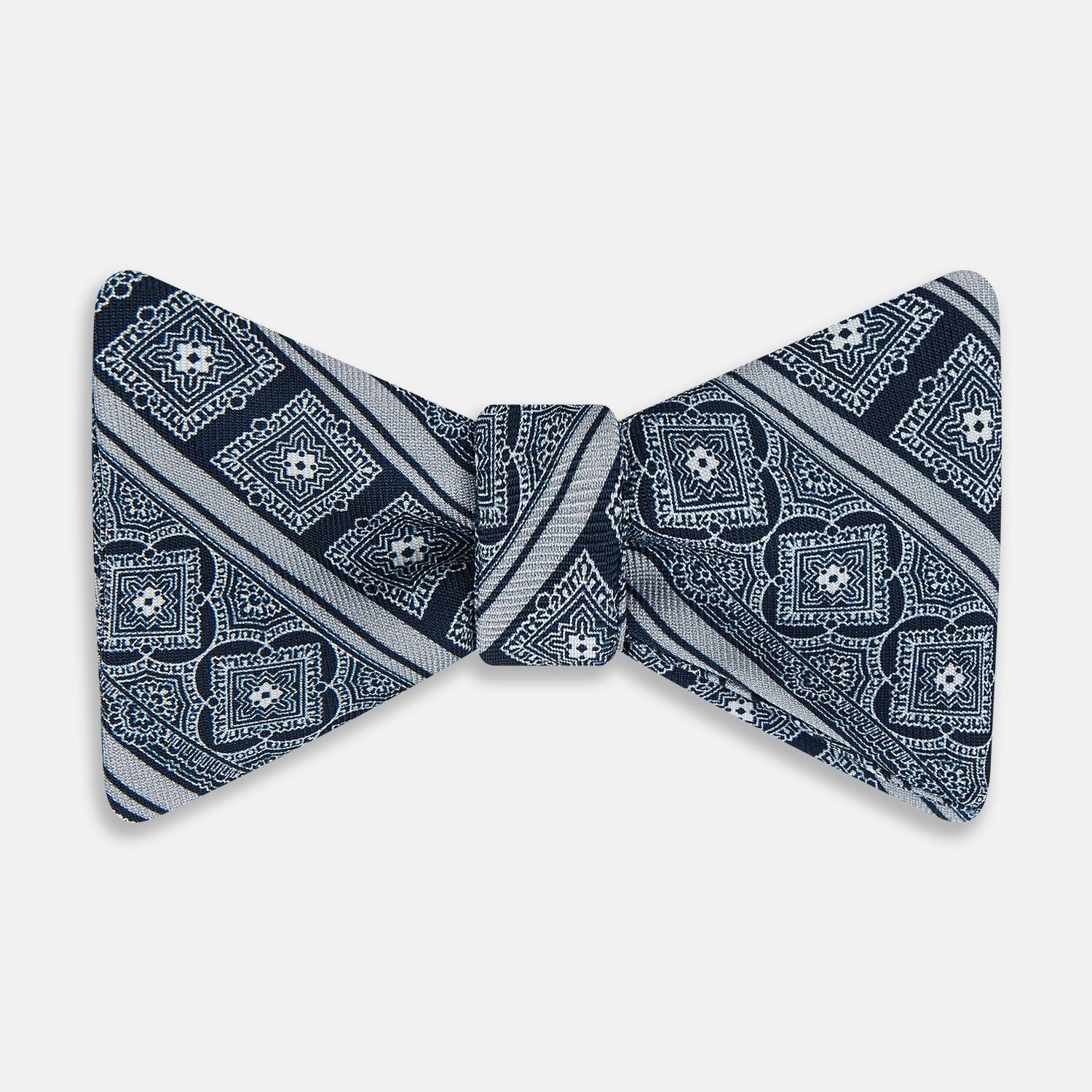 Navy and Grey Medallion Bar Printed Silk Bow Tie
