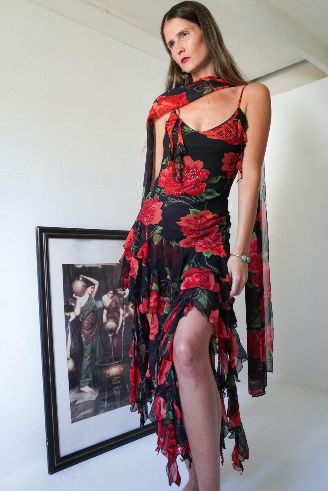 Rare Y2K Rose Silk Mini Dress with Scarf