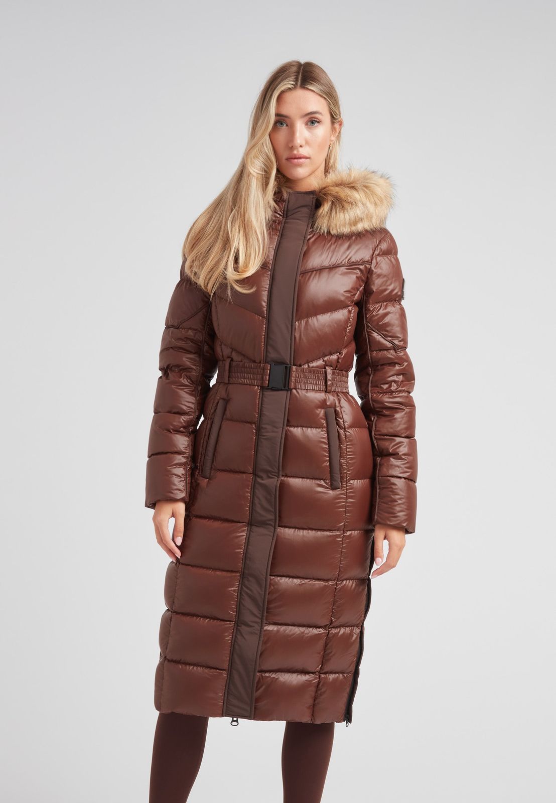 Diamond Belted Extra Long Down Coat Mid Brown Natural