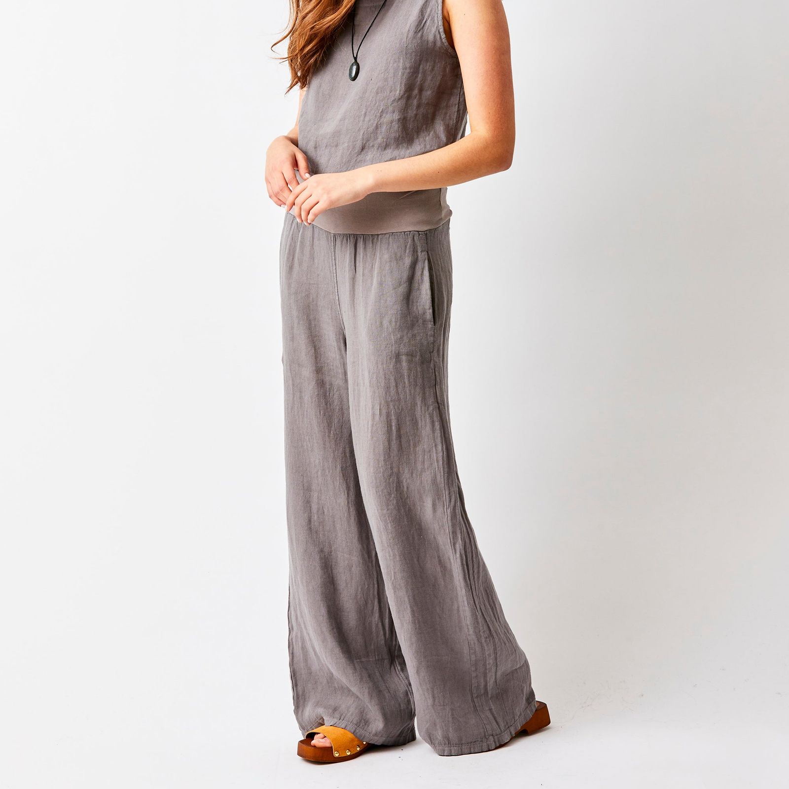 Sultan Wide Leg Linen Pants With Stretch Waistband