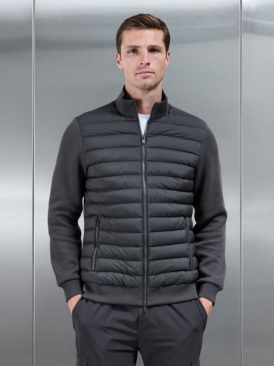 Hybrid Quilted Technical Funnel Neck Jacket in Grey