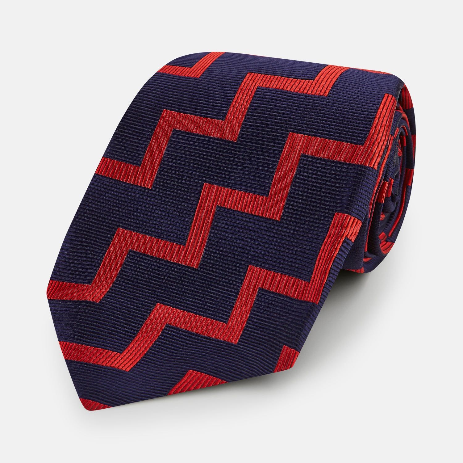 Seven-Fold Silk Red and Navy Geometric Tie