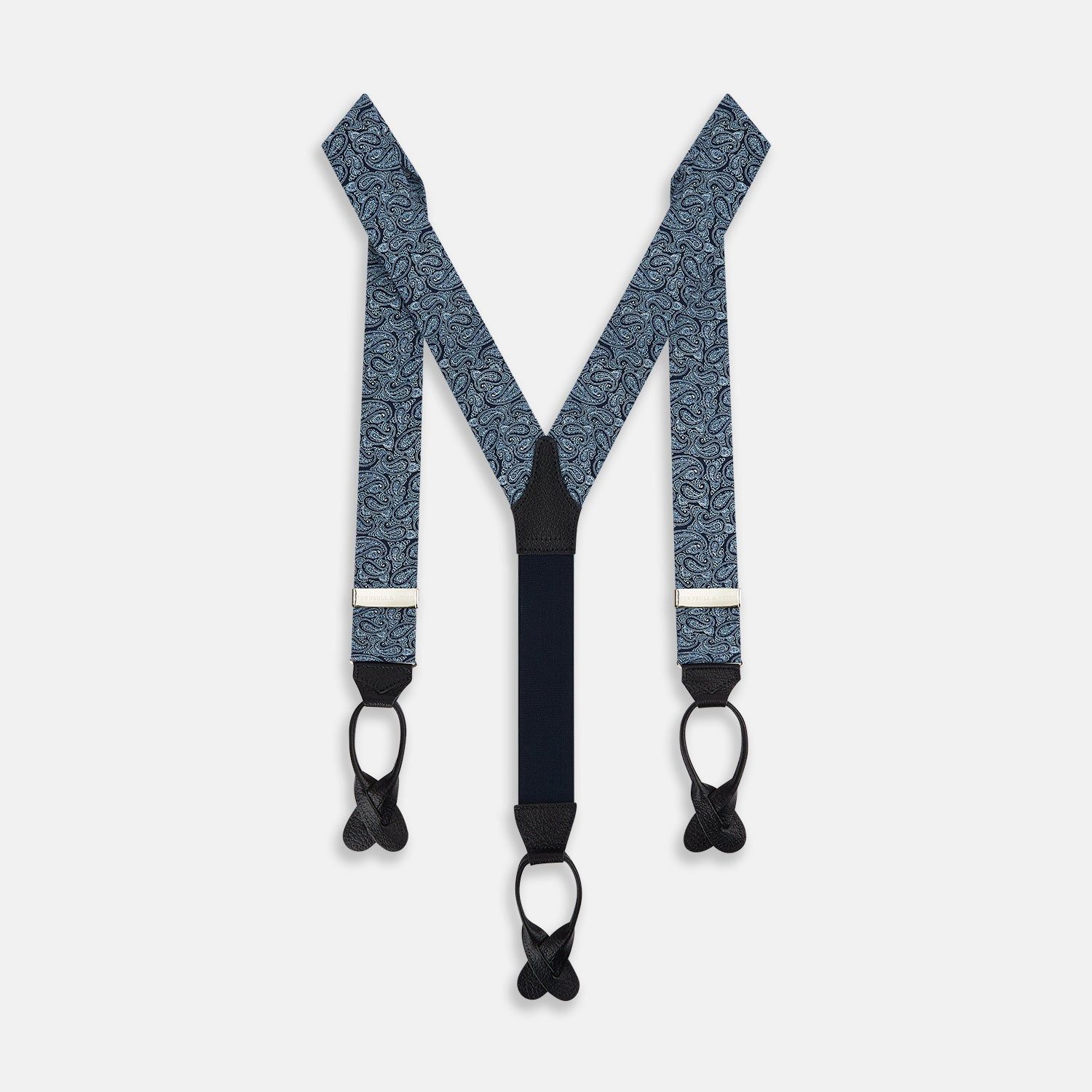 Dark Navy Paisley Adjustable Silk and Navy Leather Braces