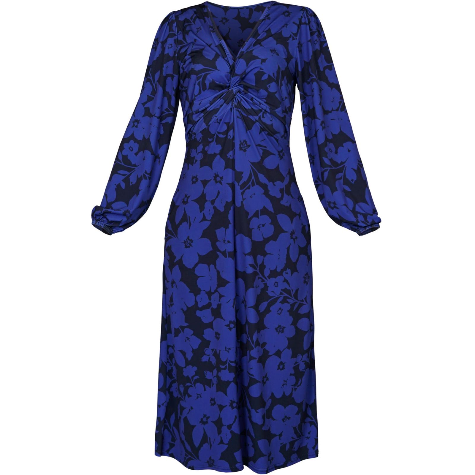Blue Floral Print Dress | Wanda Twisted Front Soft Jersey Midi Dress