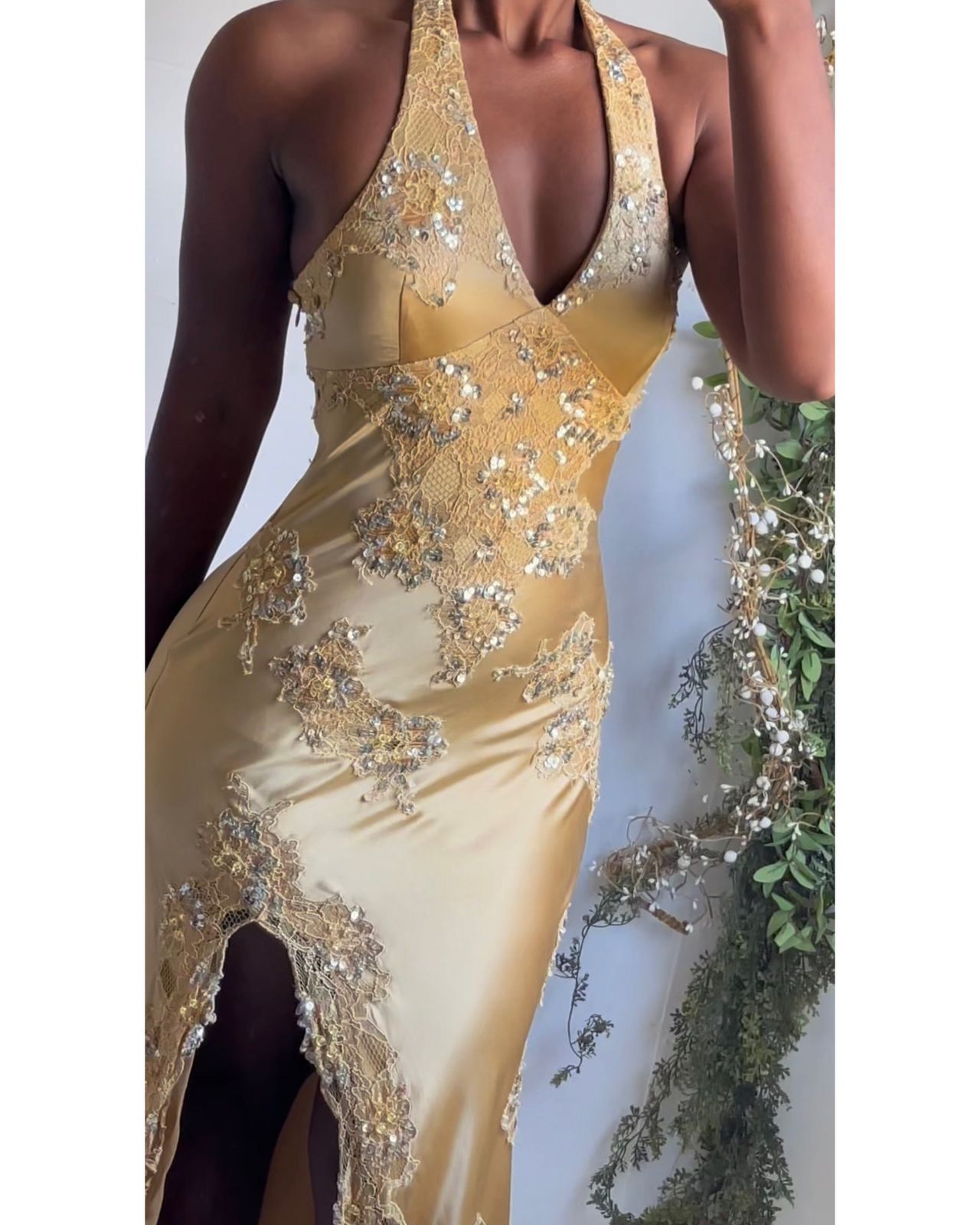 Y2K Silk And Lace Yellow Gold Halter Gown