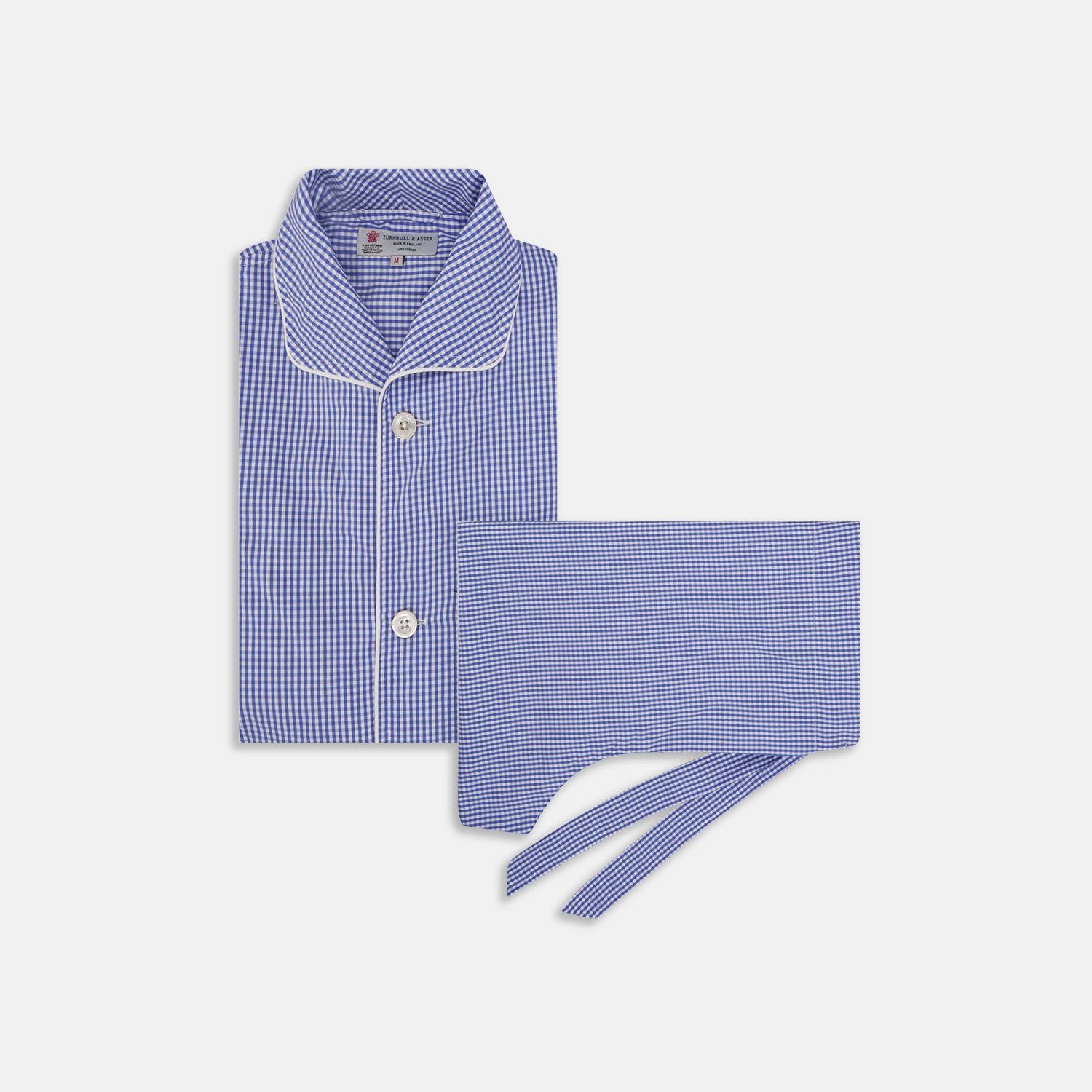 Mid Blue Gingham Check Piped Cotton Pyjama Set