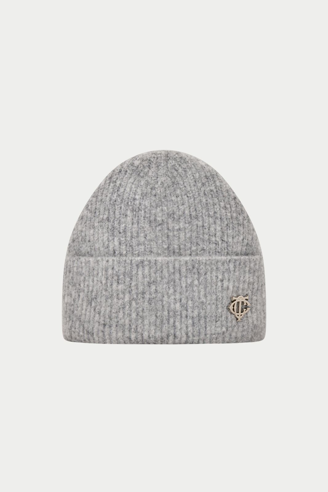 FLUFFY KNIT MONOGRAM PIN BADGE BEANIE - GREY