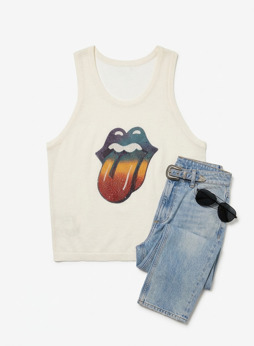 Phix X Rolling Stones White Knit Ombre Rhinestone Vest