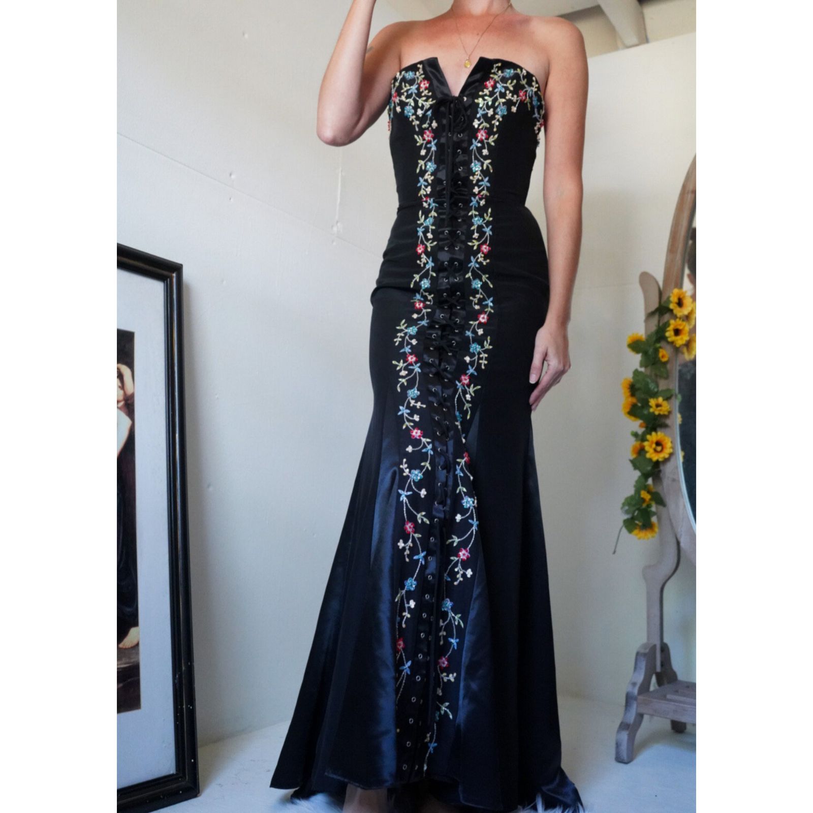 Lace Up Front Strapless Beaded Detail Gown