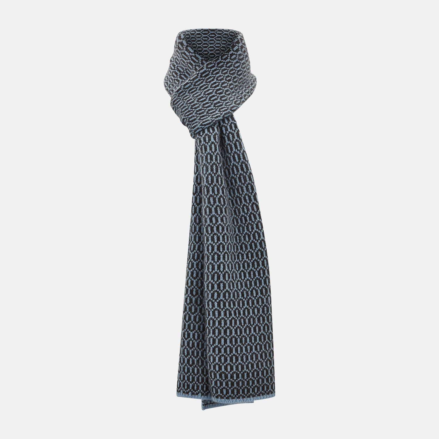 Dark Chocolate and Pale Blue Hexagon Cashmere Knitted Scarf