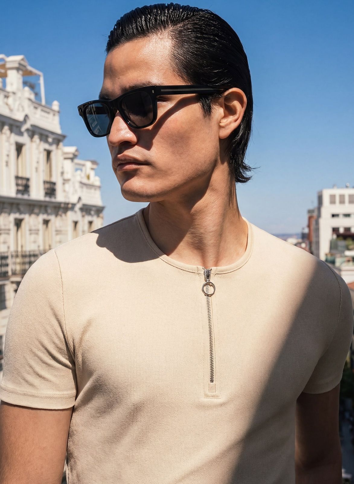 Beige Ribbed Cotton Henley Zip T-Shirt