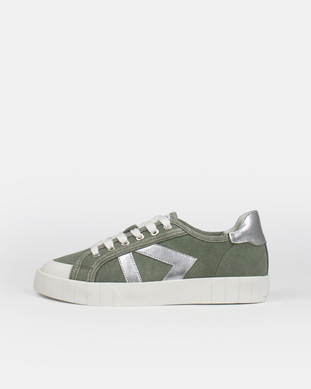 Helios Low Top Trainers - Khaki Green Canvas & Silver Leather