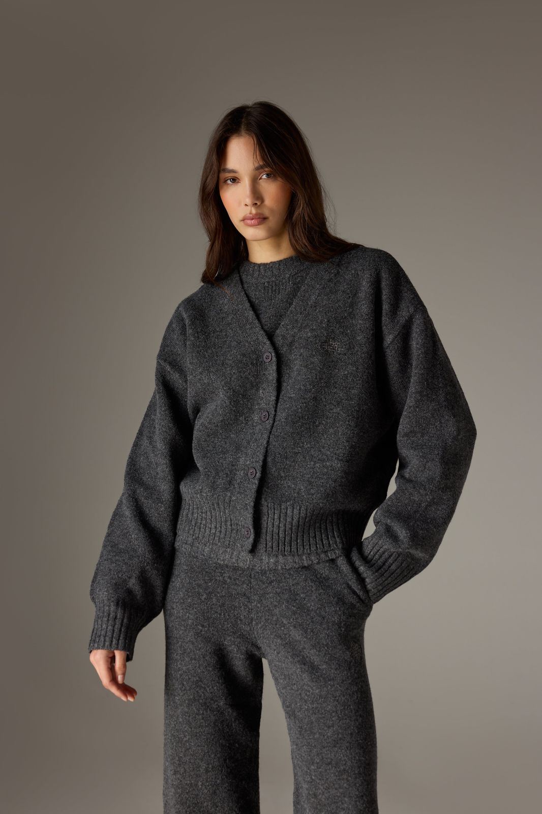 FLUFFY KNIT EMBLEM EMBROIDERED CARDIGAN - CHARCOAL