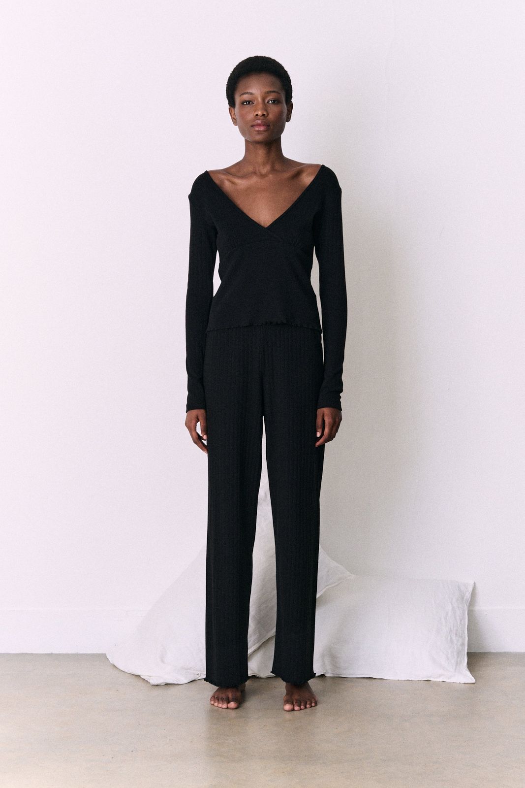 Pointelle Long Sleeve Top & Trouser Set Black