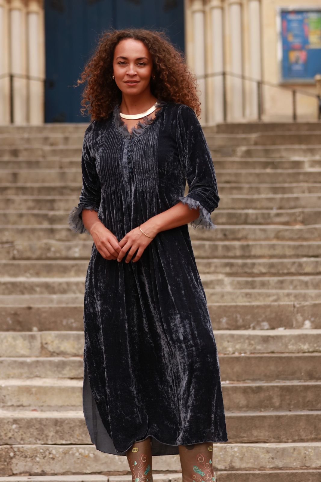 Silk Velvet Annabel Maxi Dress in French Grey