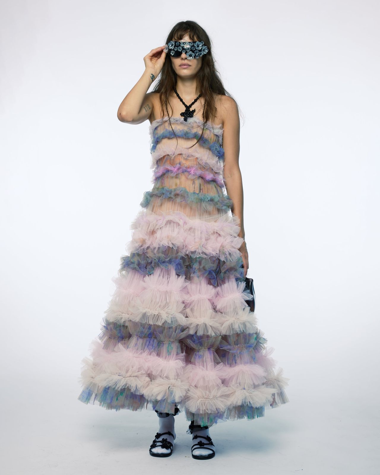 PRINTED TULLE TIERED MAXI DRESS