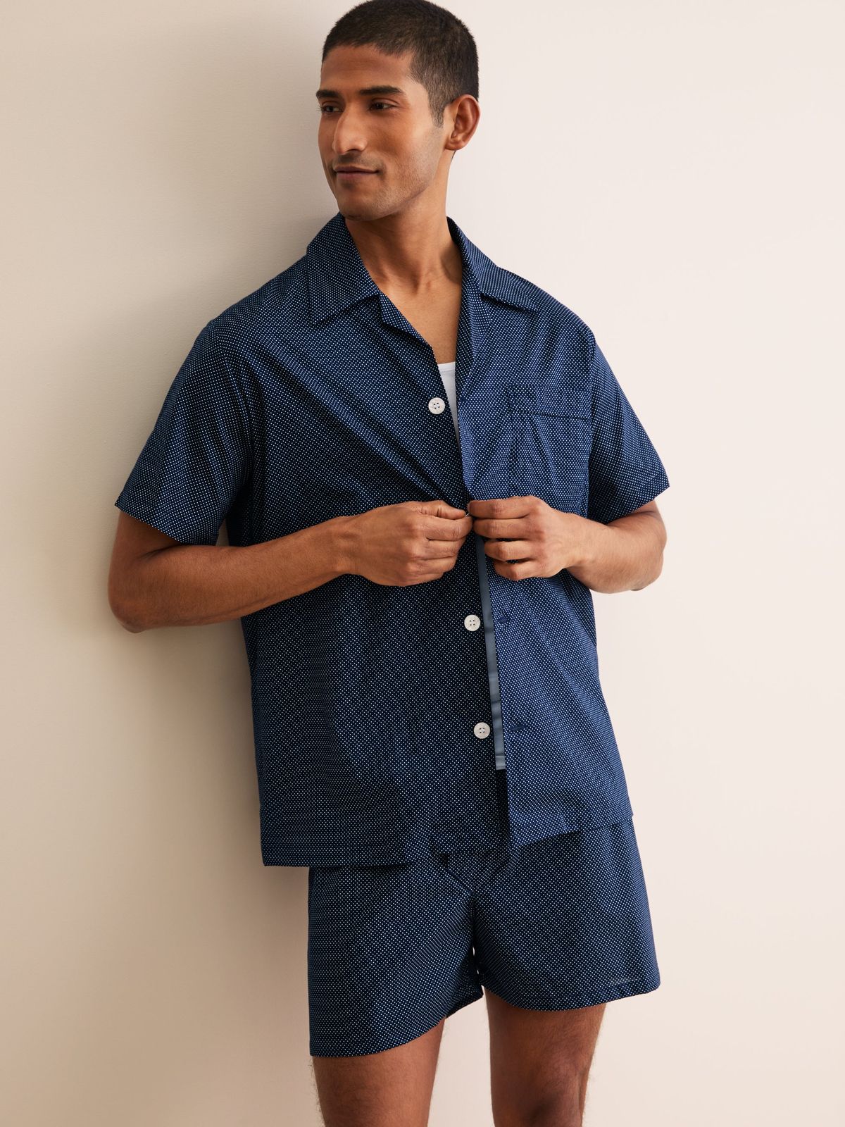 Plaza Cotton Batiste Short Pyjamas Navy Blue Pin Dot