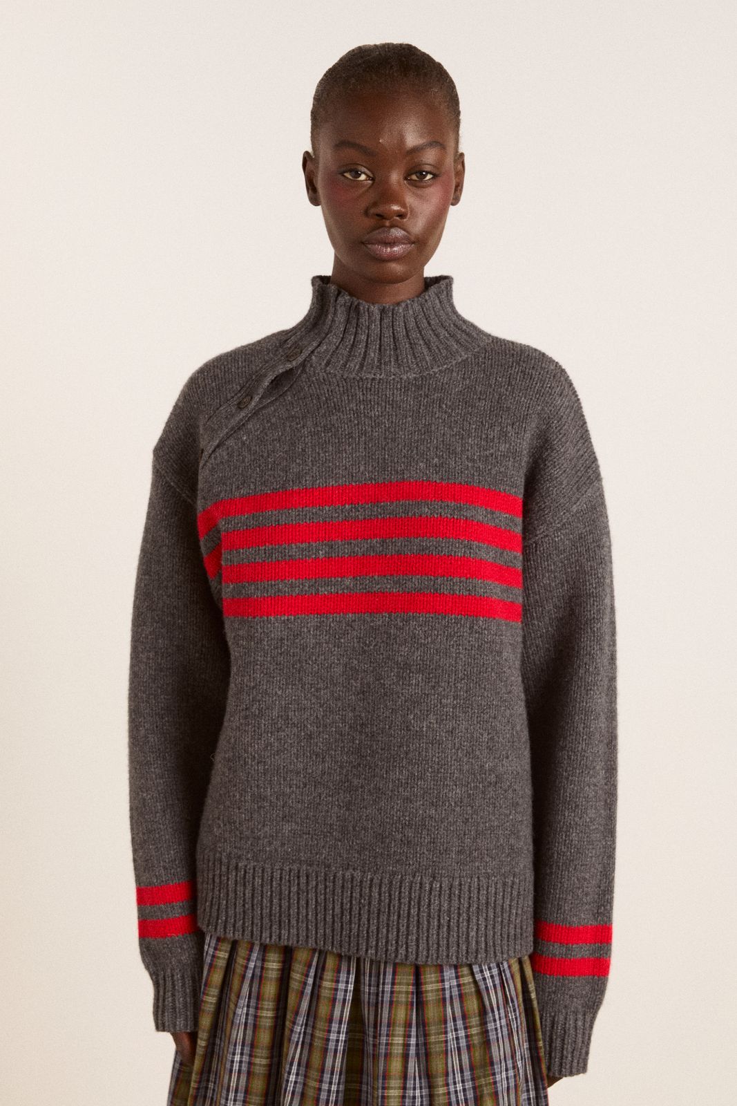 Tallulah High Neck Lambswool Jumper - Charcoal/Red