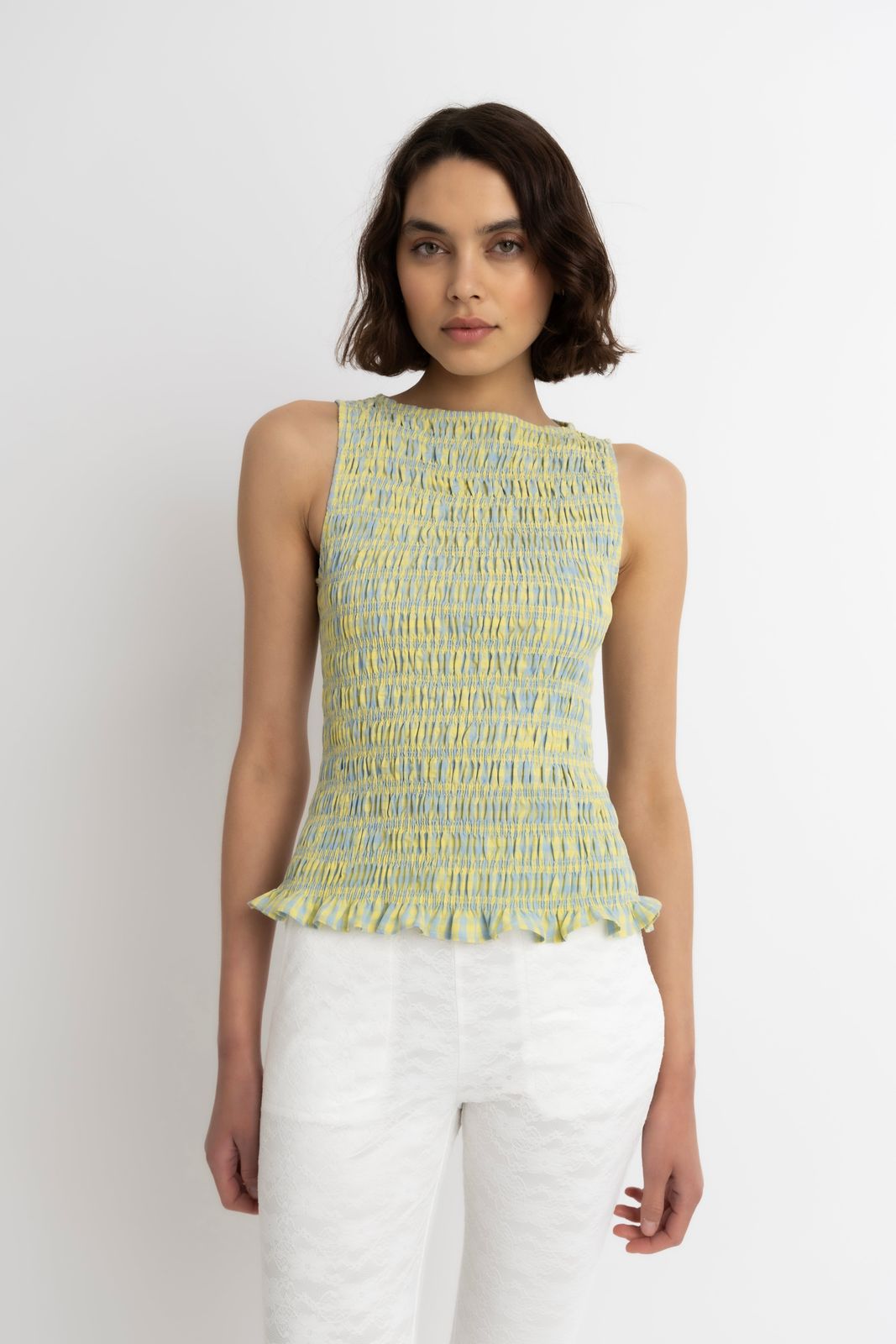 Sonya Pure Cotton Yellow Blue Check Top