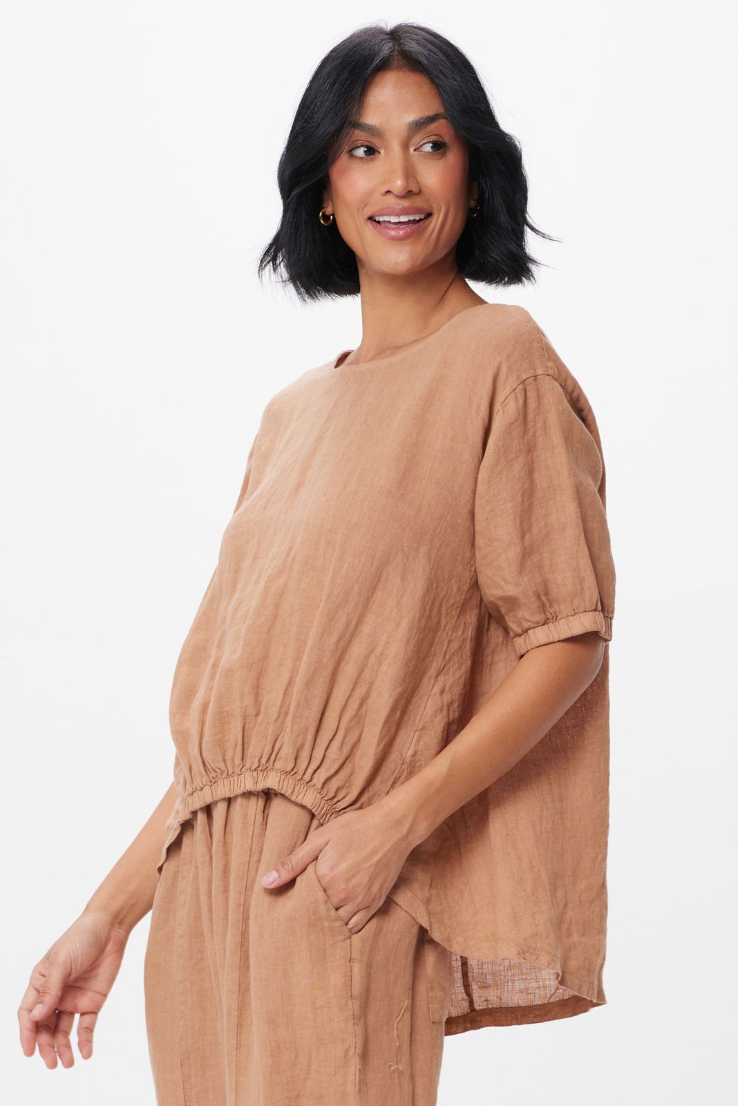 Sybil Linen Elasticated Front Hi Lo Top