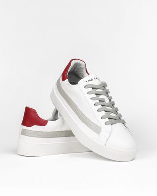 Olympus Low Top Trainers - White, Red & Grey Leather