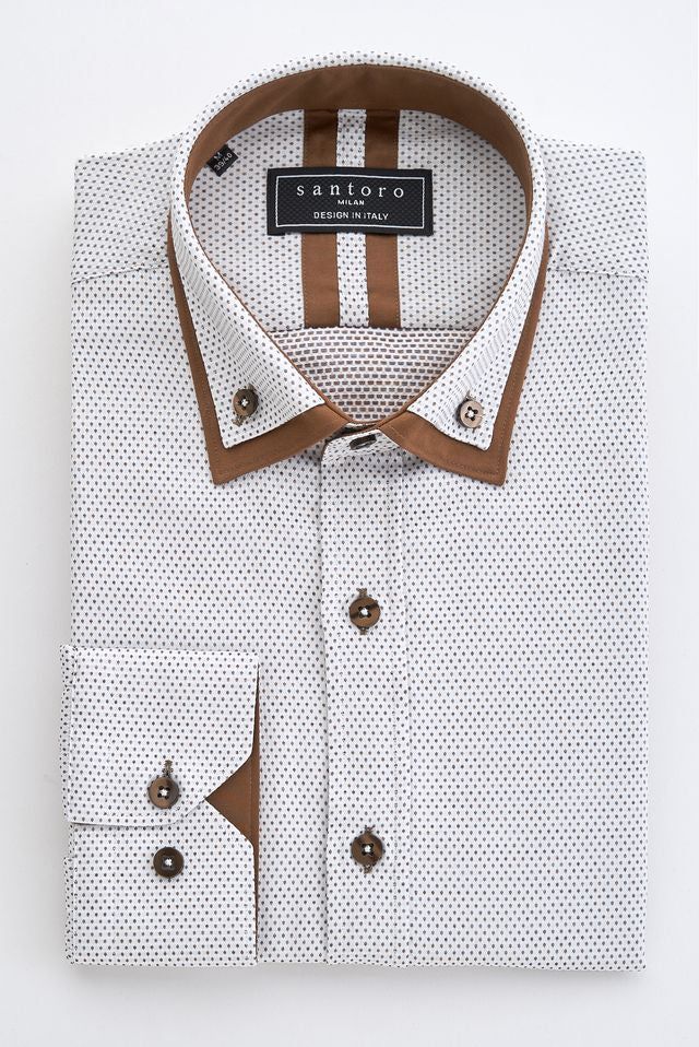 White Shirt with Brown Contrast Collar & Trim