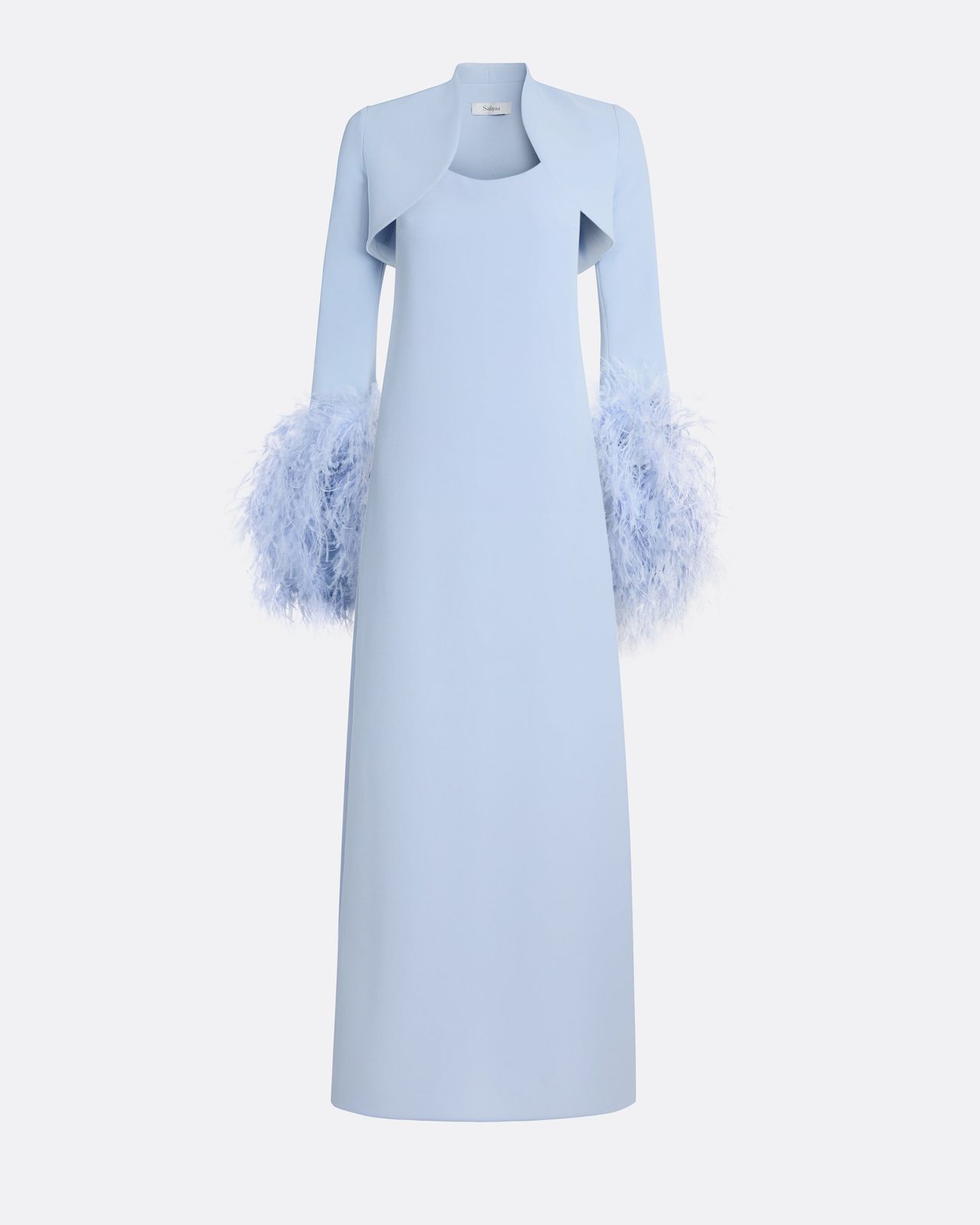 Elise Harness With Maddison Long Dress In Soft Sky With Feathers
