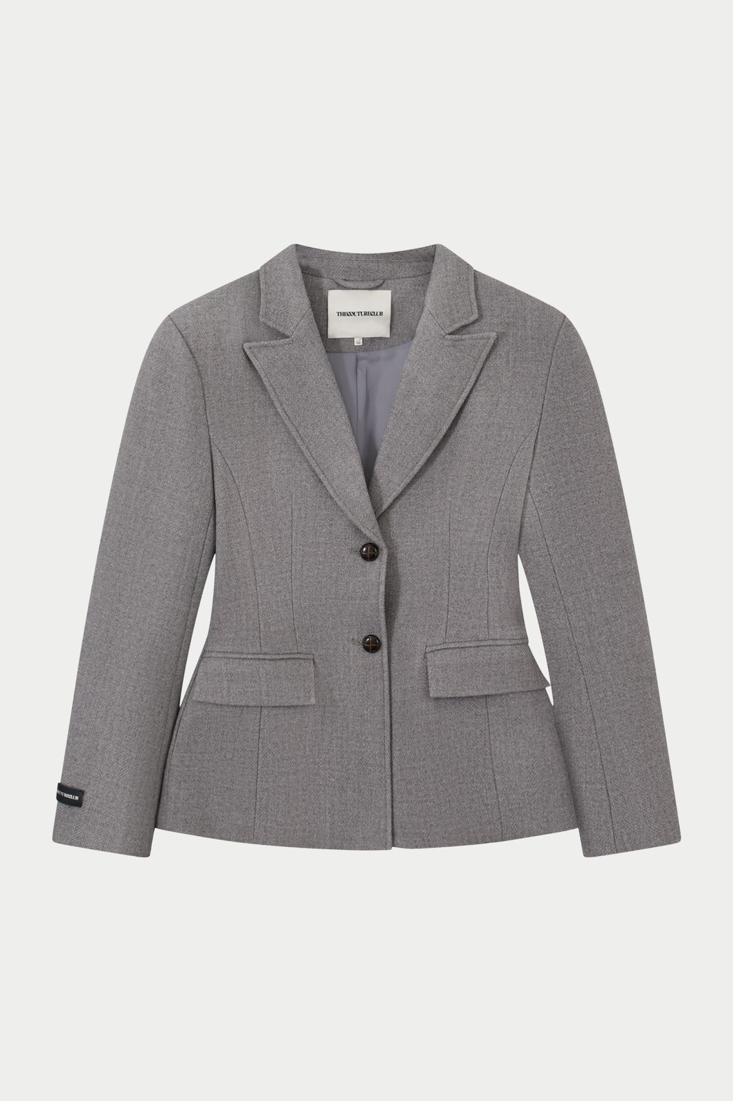 HERRINGBONE CINCHED WAIST TAILORED BLAZER - GREY