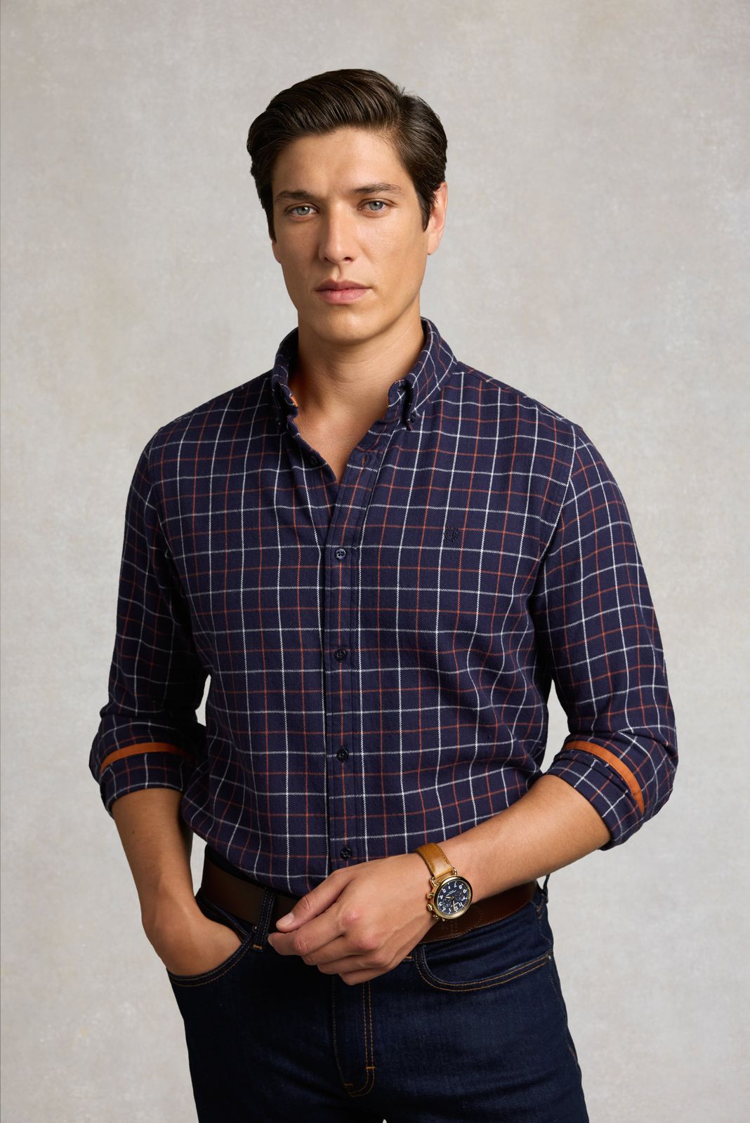 Men's Classic Fit Brushed Cotton Shirt (Copper Navy Check)