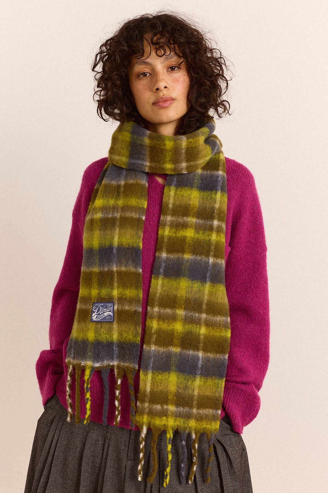 Brushed Fluffy Wool Blend Scarf - Lark Green Check