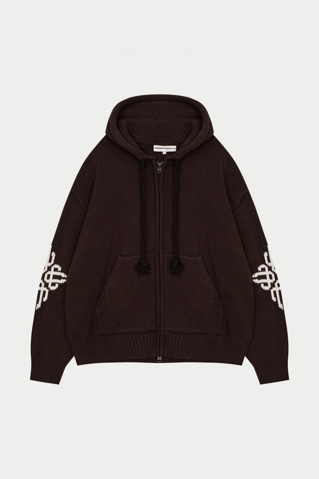 CHUNKY KNIT EMBLEM ZIP THROUGH HOODIE - CHOCOLATE