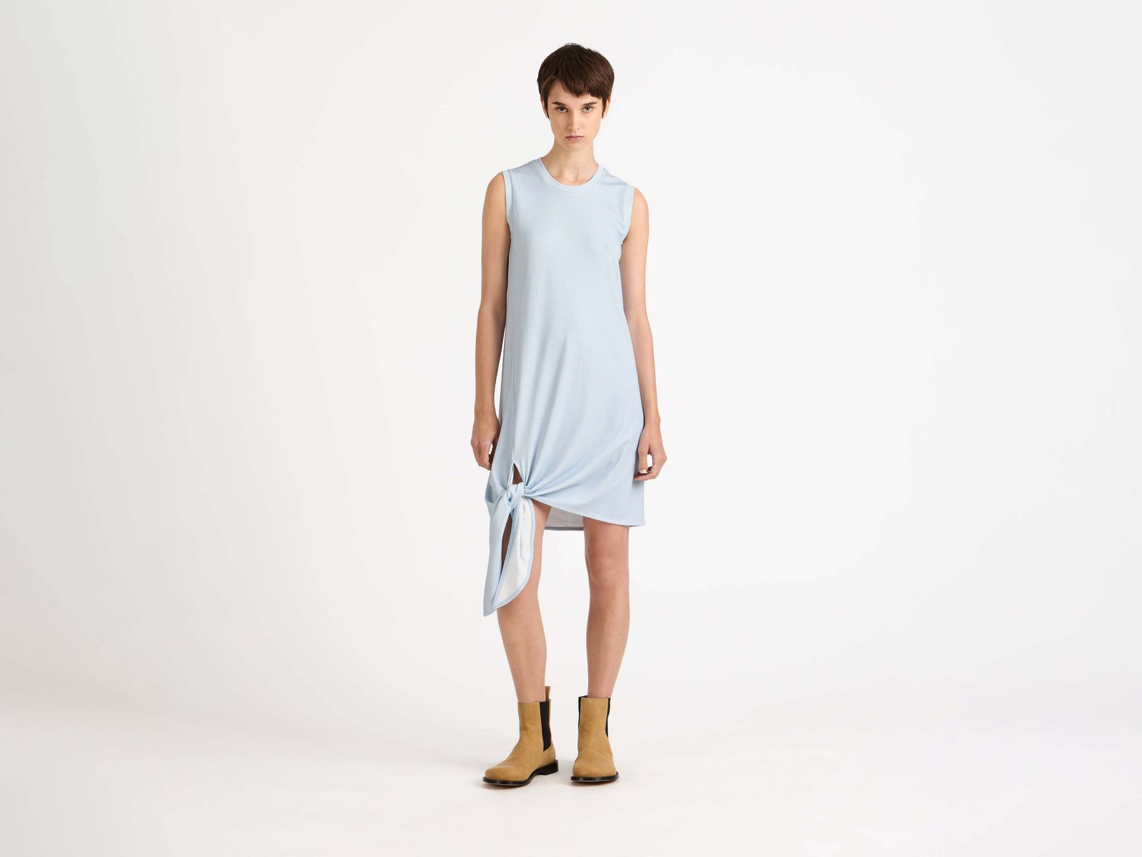 WOMENS HEM KNOT DRESS IN WHITE BLUE