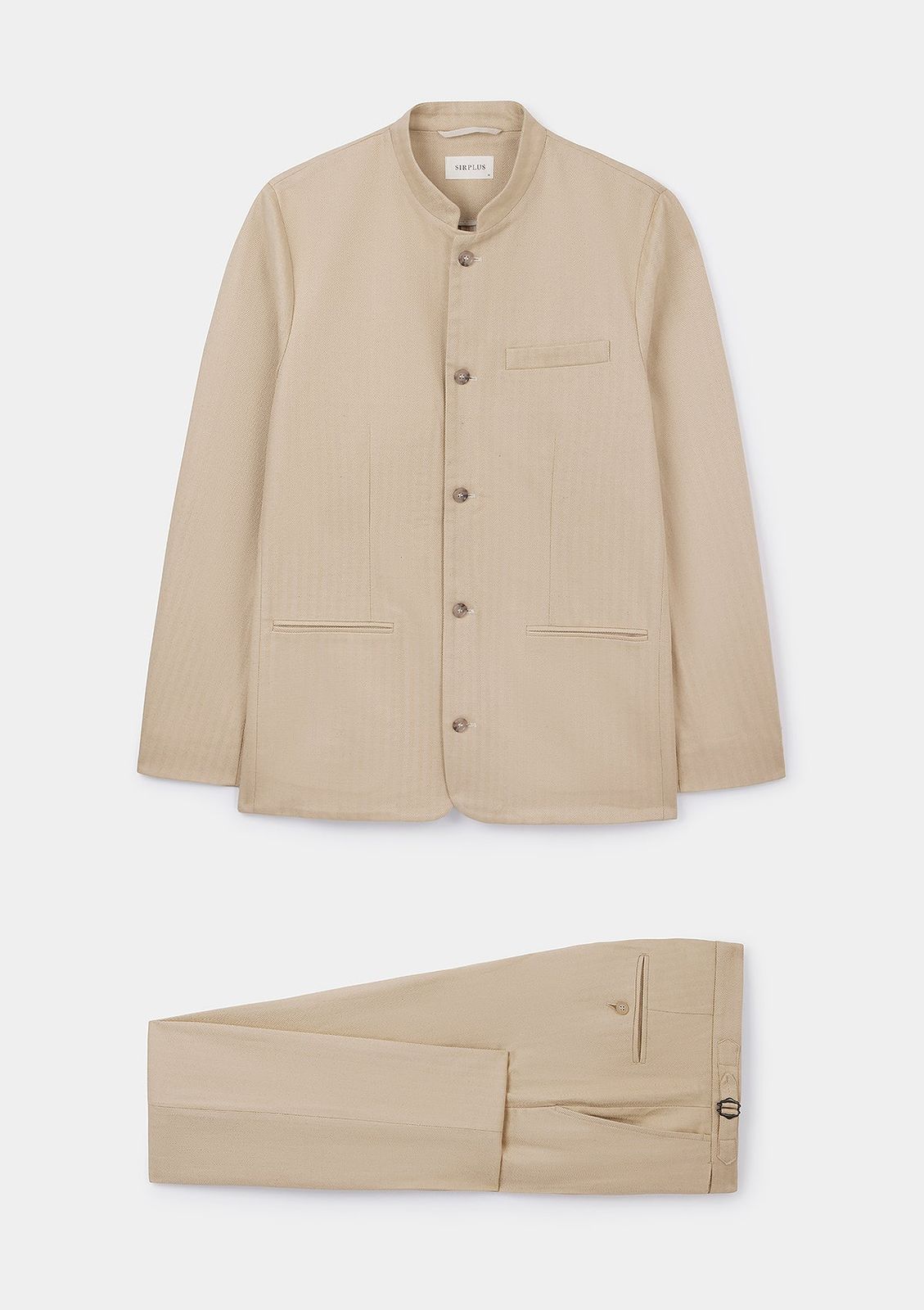 Sand Herringbone Cotton Linen Nehru Suit