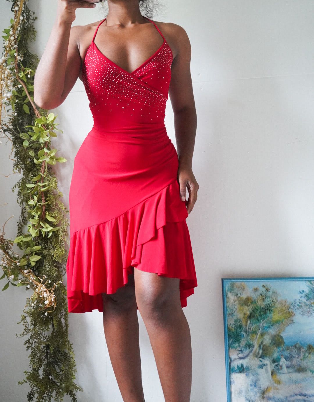 Vintage Y2K Embellish Detail Red Halter Dress