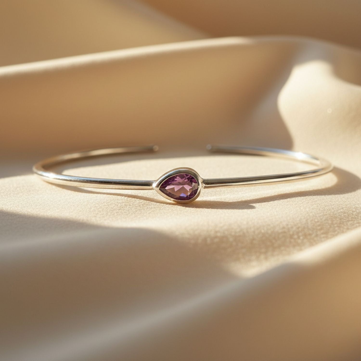 Minimalist Sterling Silver Ruby July Birthstone Bangle Bracelet