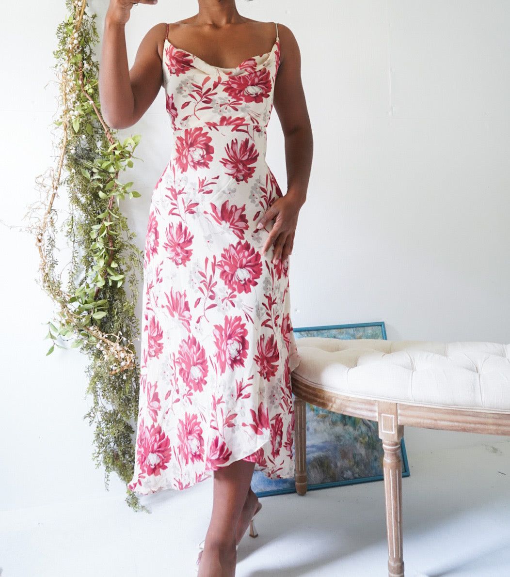 Y2K Cream and Red Floral Cowl Neck Midi Dress