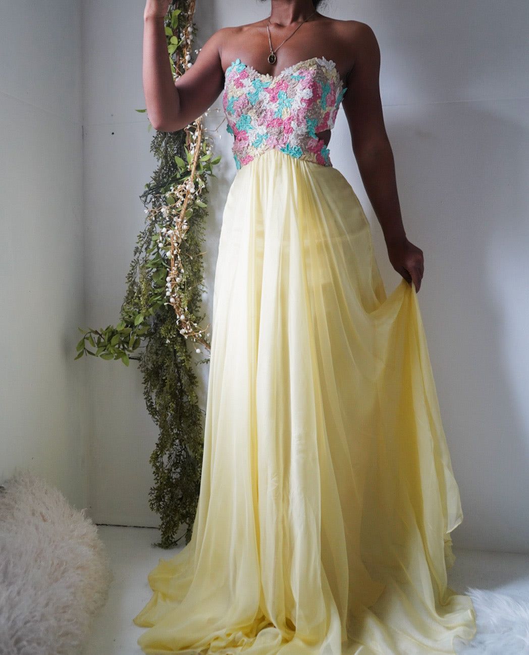 Y2K Yellow Pastel Floral Strapless Fairy Gown
