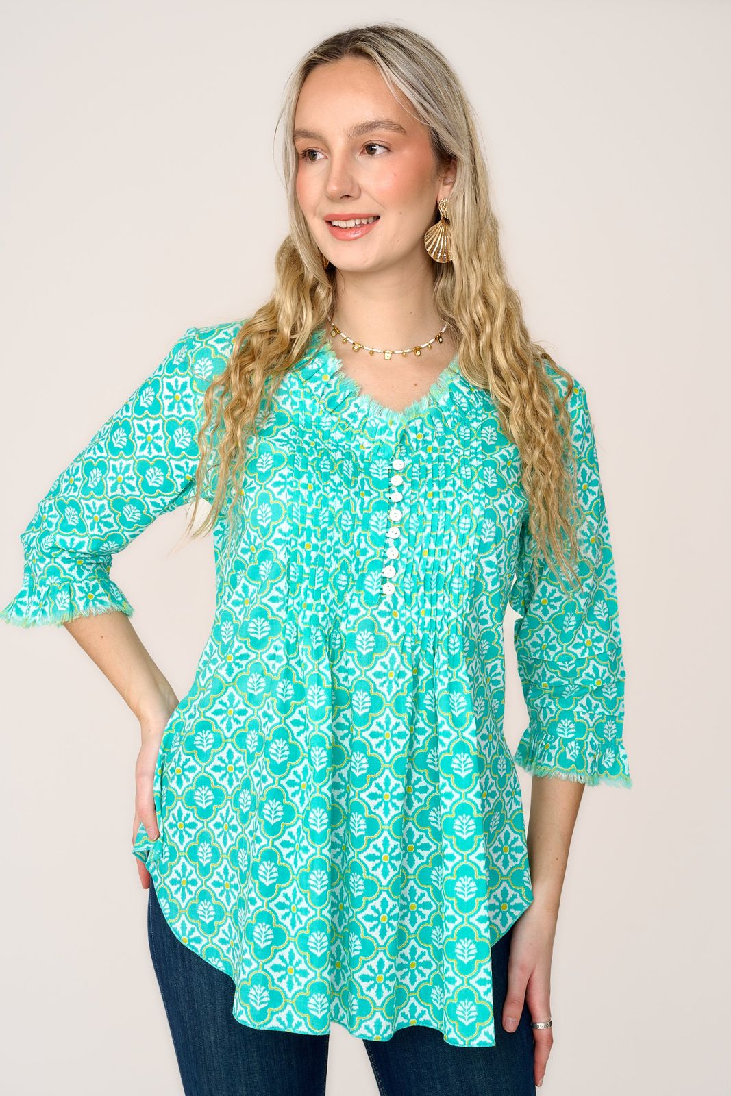 Sophie Cotton Shirt in Turquoise & White Flower