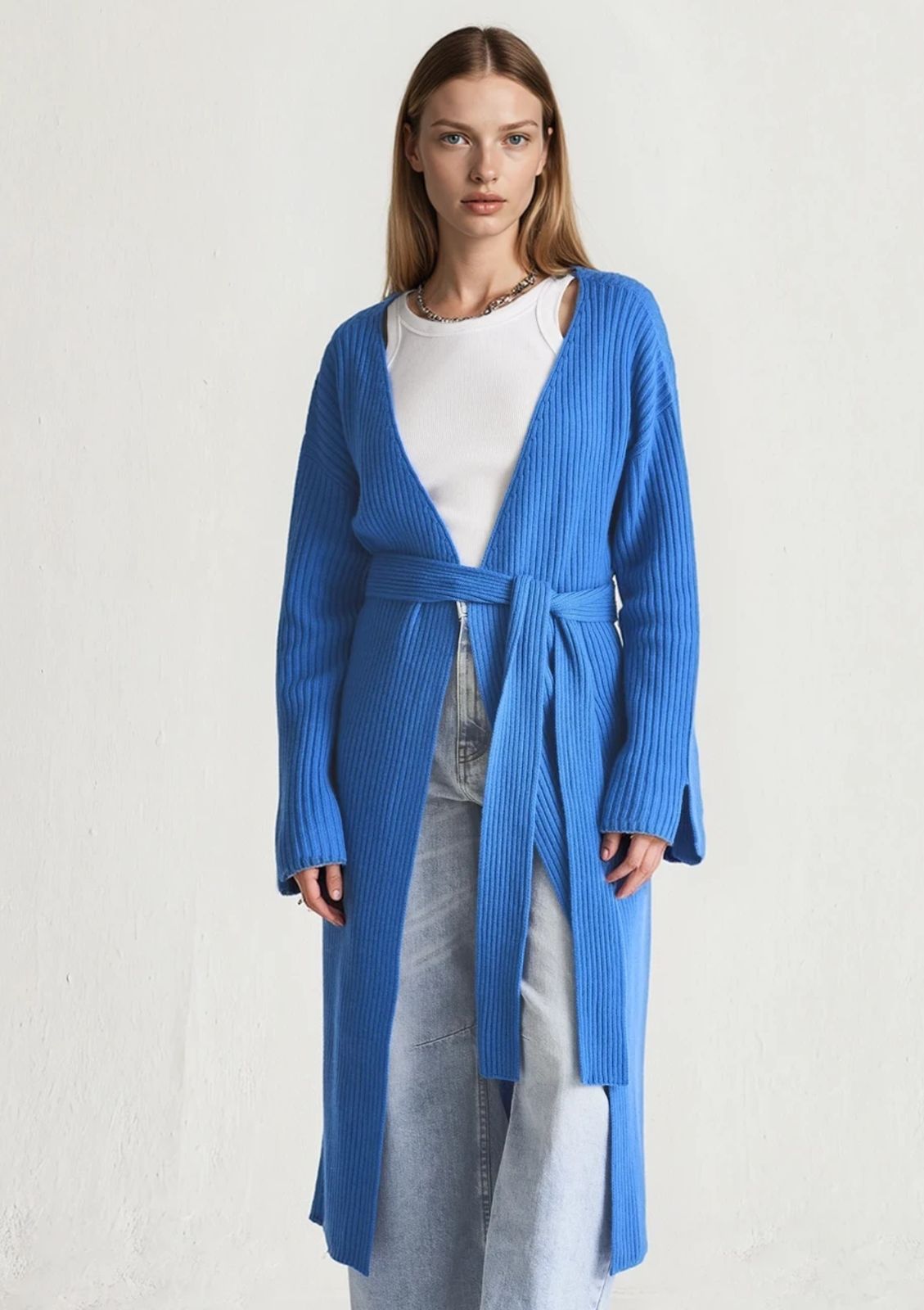 Longline Cashmere Belted Cardigan in Jetstream Blue