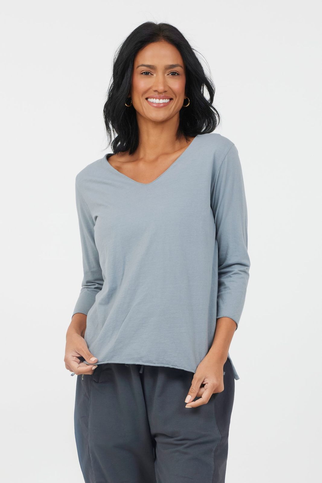 Janey V Neck Raw Edge Cotton Top