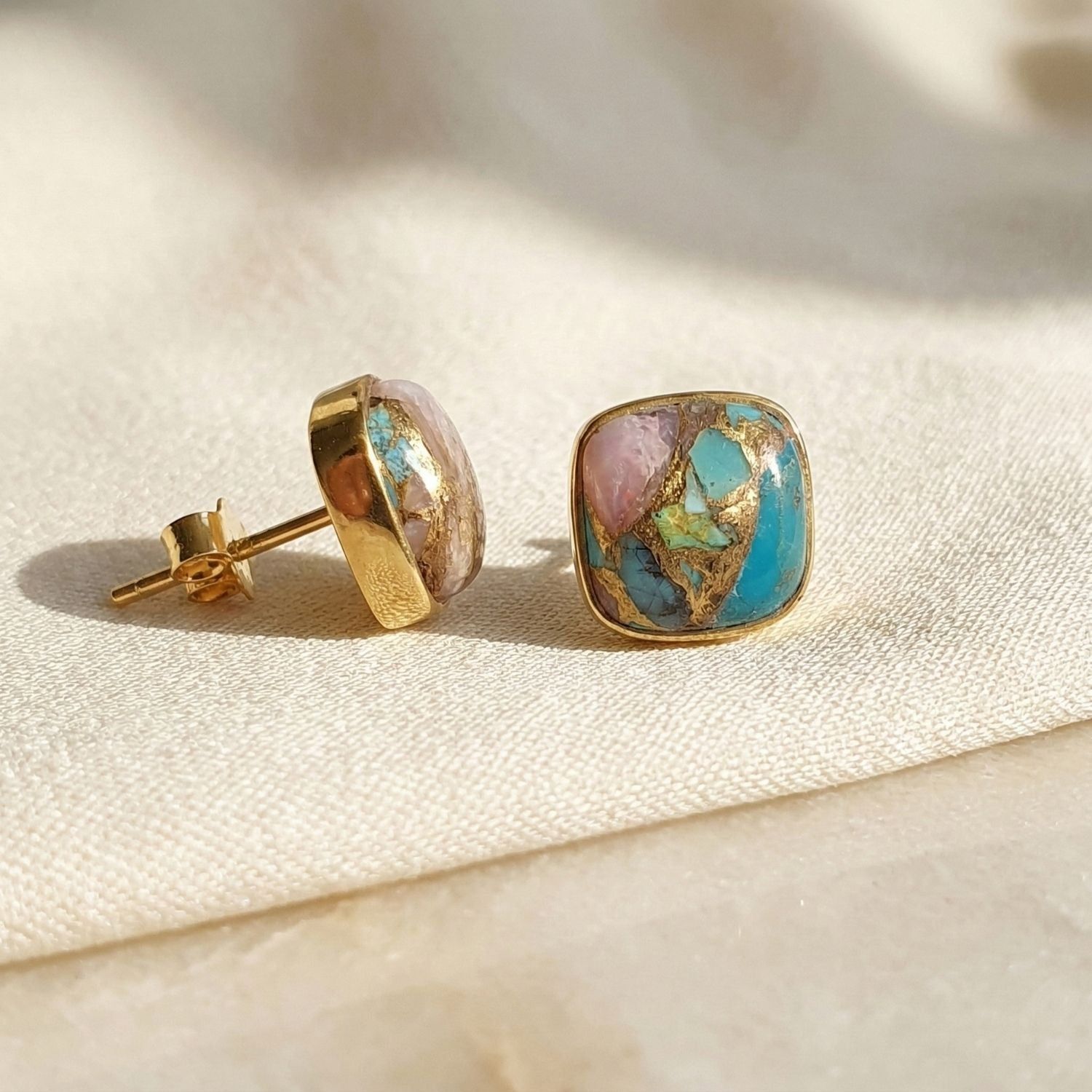 Gold Plated  Opal And Turquoise Gold Plated Gemstone Stud Earrings