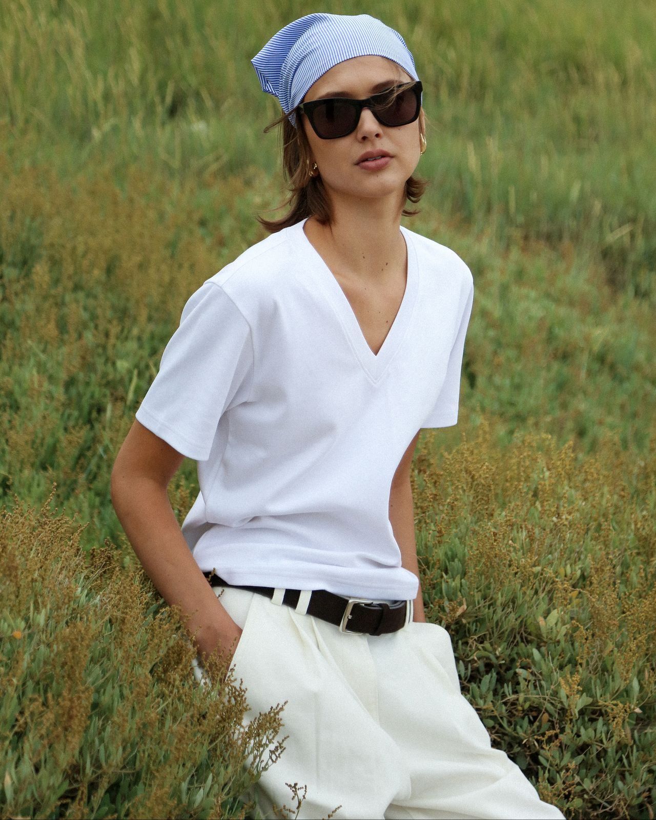 Compact Cotton V Neck T-shirt in Off White