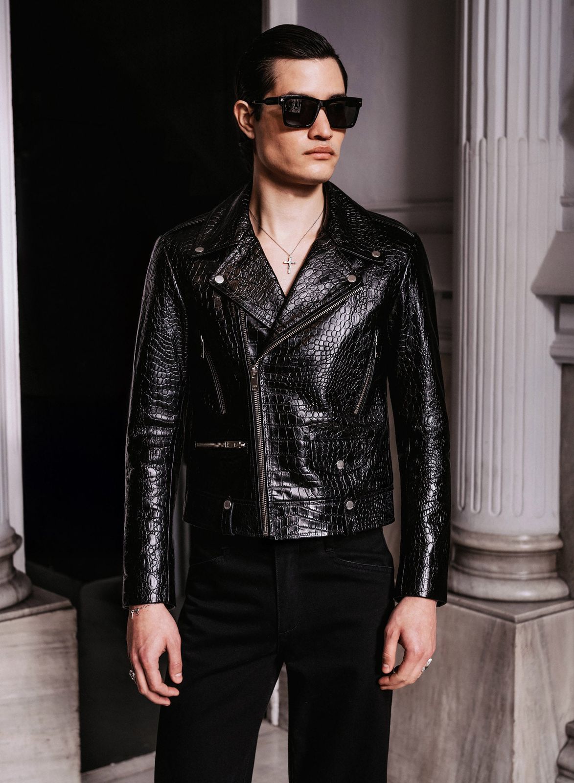 Black Cropped Croc Effect Leather Biker Jacket