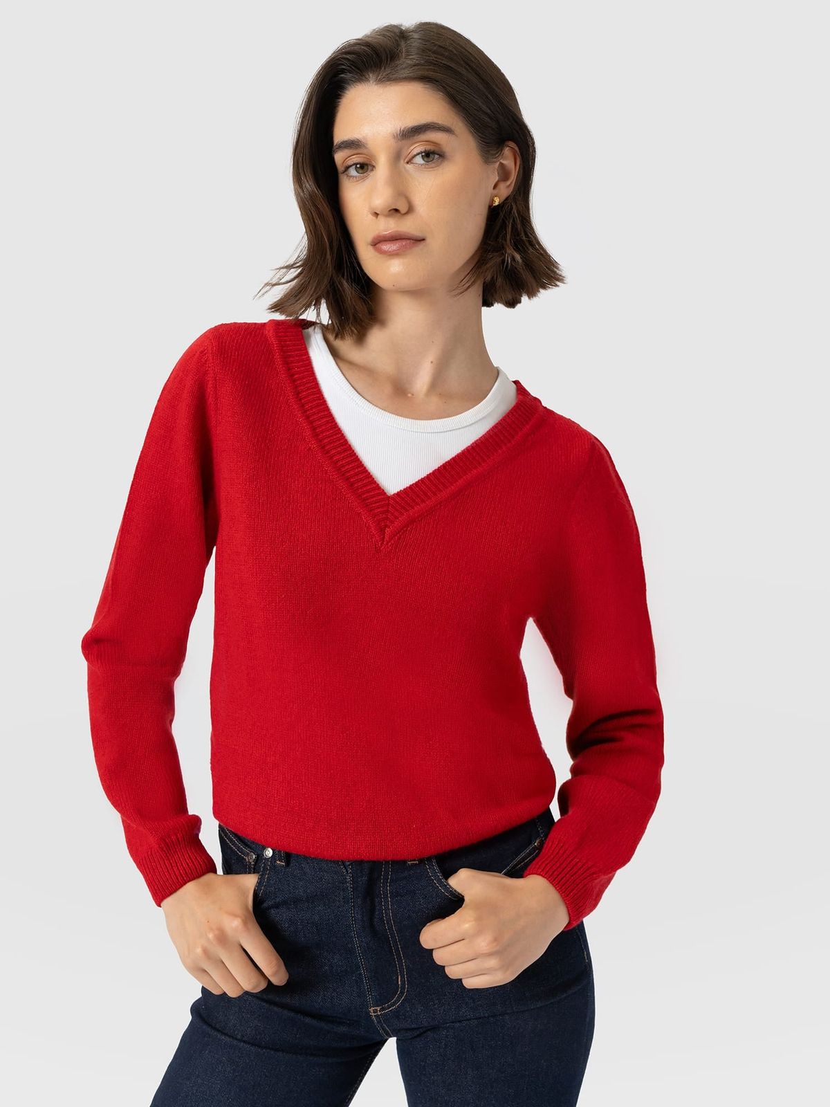 Oxford Cashmere V Neck Jumper - Red