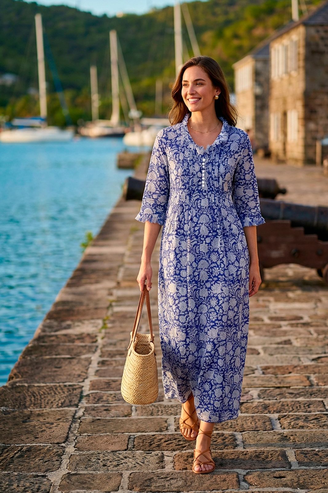 Cotton Annabel Maxi Dress in Blue with White Flower