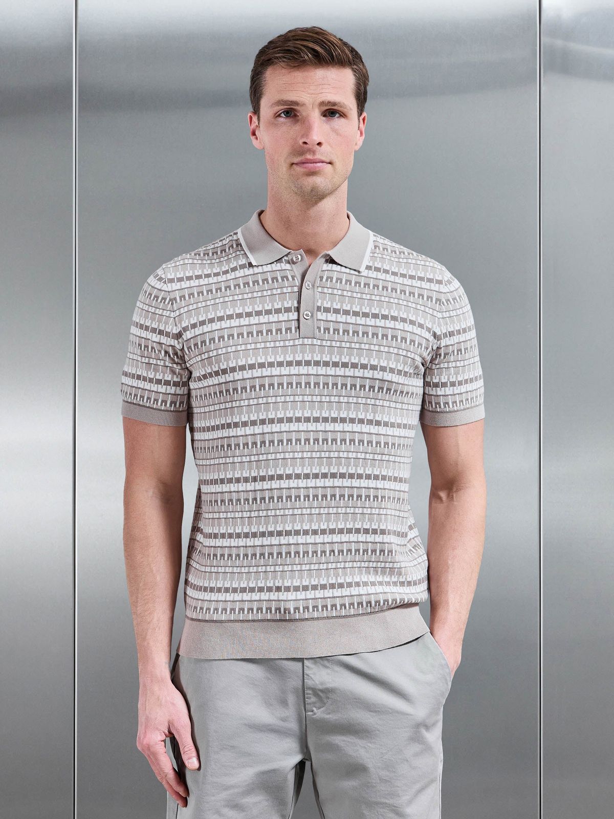 Roma Knitted Button Polo Shirt in Stone