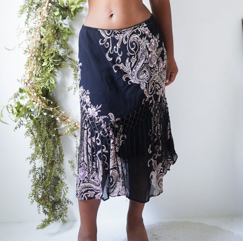 Y2K Paisley Fringe Midi Skirt