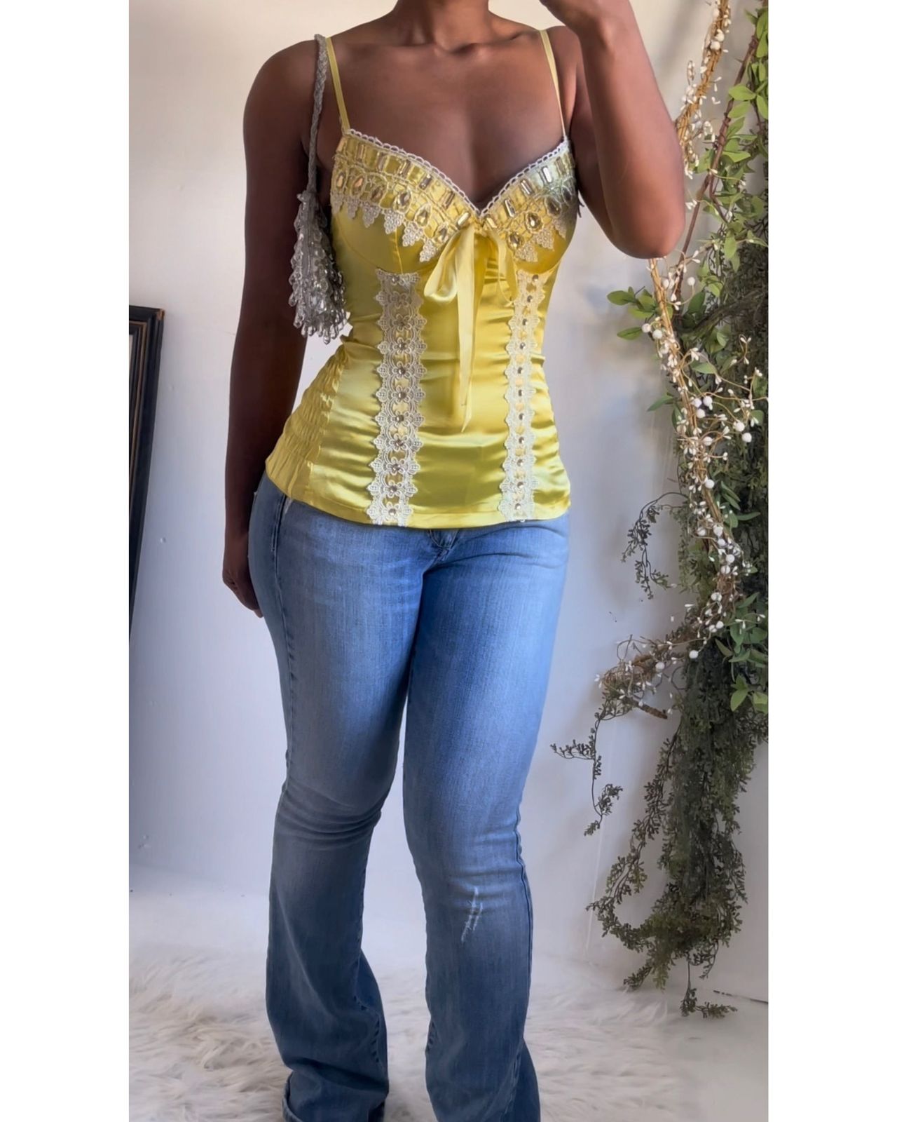 Rare Y2K Yellow Satin Bejeweled Bustier